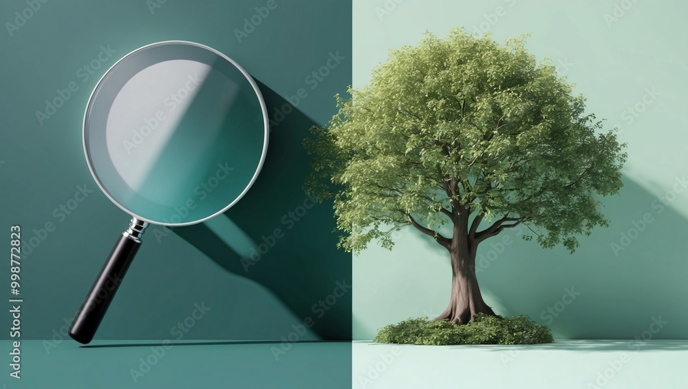 Poster magnifying glass and tree on a split background