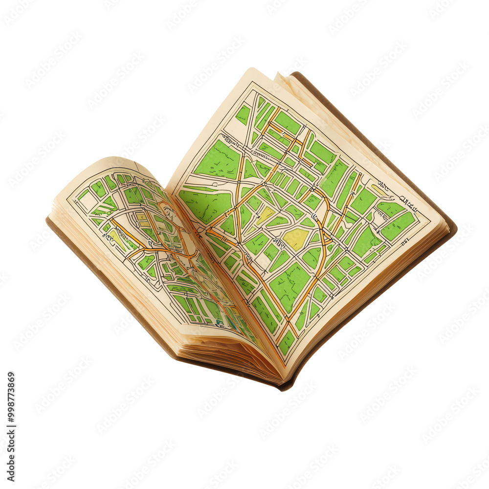 Poster open map book displaying various green urban areas isolated on transparent background.