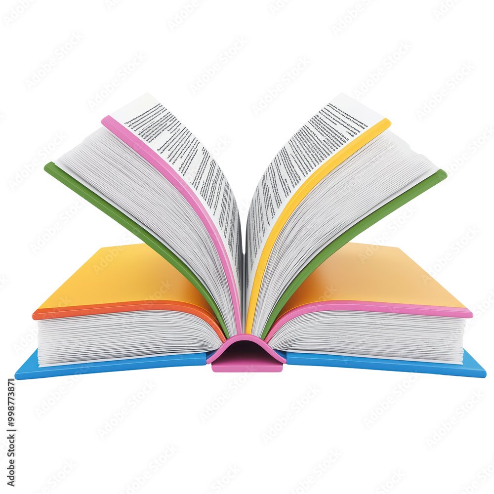 Poster open book with colorful pages isolated on transparent background.