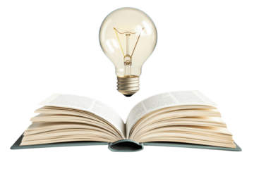 Open book with glowing light bulb above isolated on transparent background.