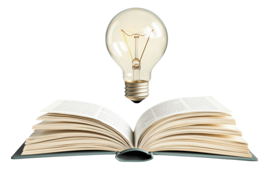 Open book with glowing light bulb above isolated on transparent background.