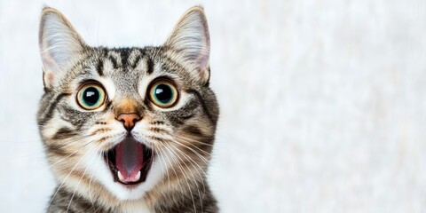 Crazy surprised cat pets close-up copy space.