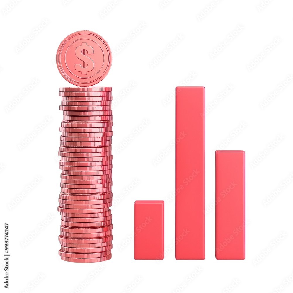 Poster pink coins stacked with a rising graph isolated on transparent background.