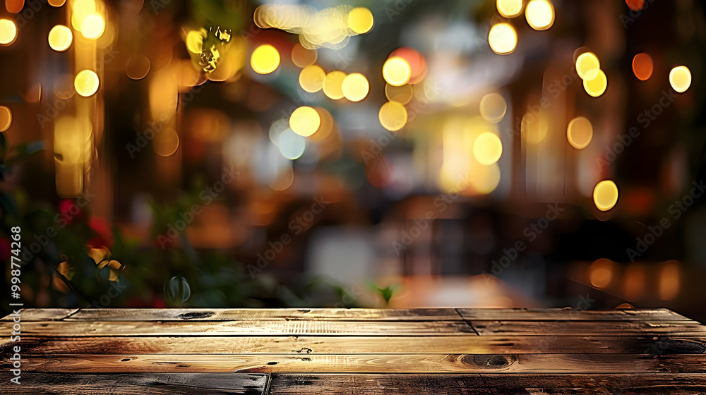 Poster a rustic wooden tabletop with a bokeh background of golden lights, creating a warm and inviting atmo