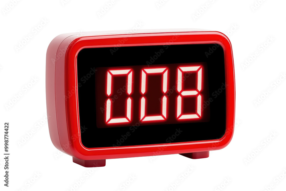 Poster red digital alarm clock displaying the number 008 isolated on transparent background.