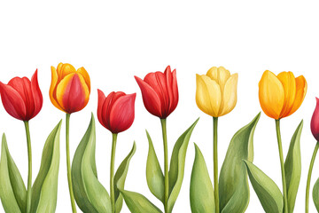 Colorful tulips in various shades isolated on transparent background.