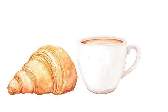 Croissant and coffee cup isolated on transparent background.