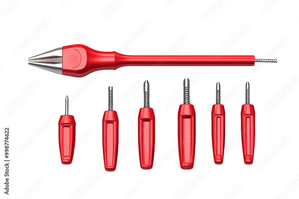 Poster red pliers set with various interchangeable heads isolated on transparent background.