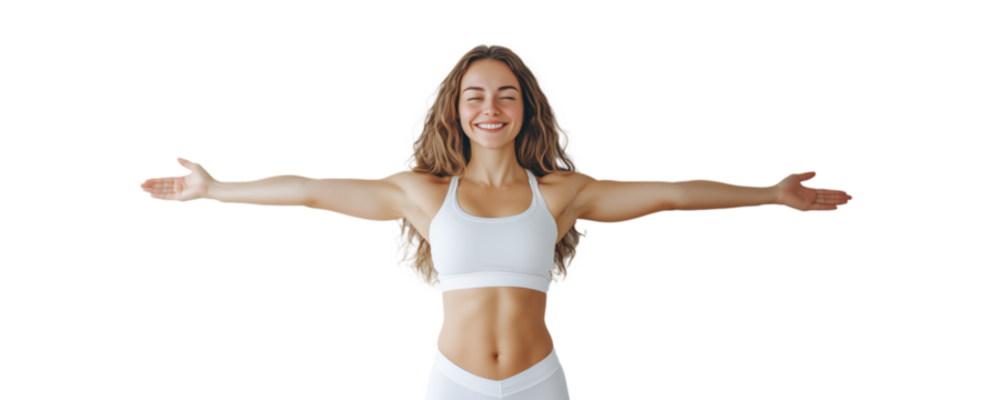 Happy woman doing yoga with arms extended, set against a clear background