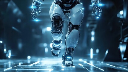 Fototapeta premium Futuristic Robot Walking in a Blue Lit Corridor