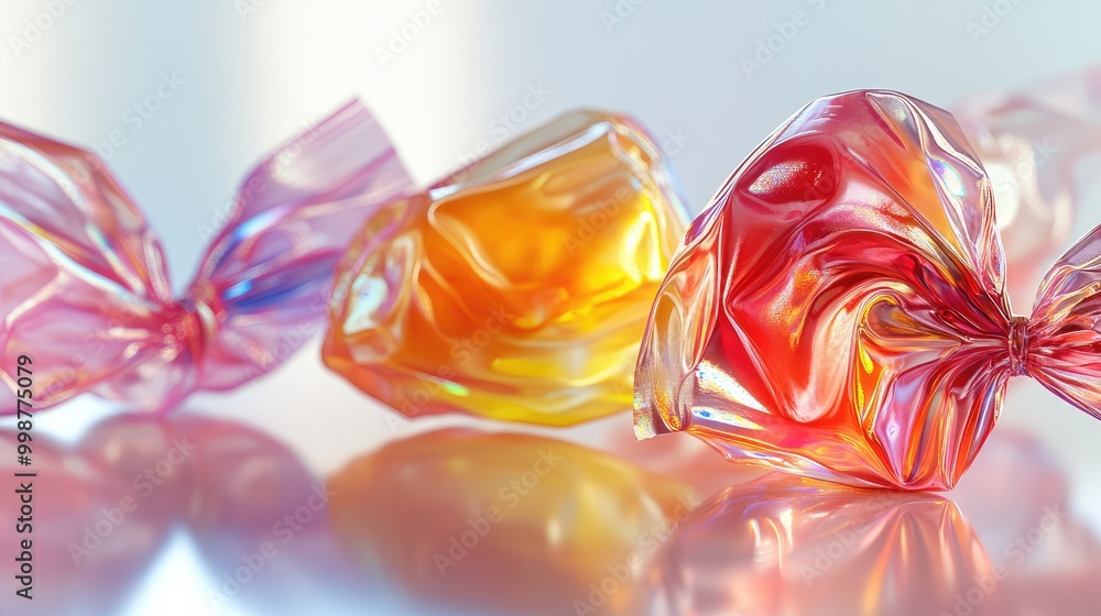 Poster a translucent candy wrapper, reflecting light and showing the colors of the candy inside
