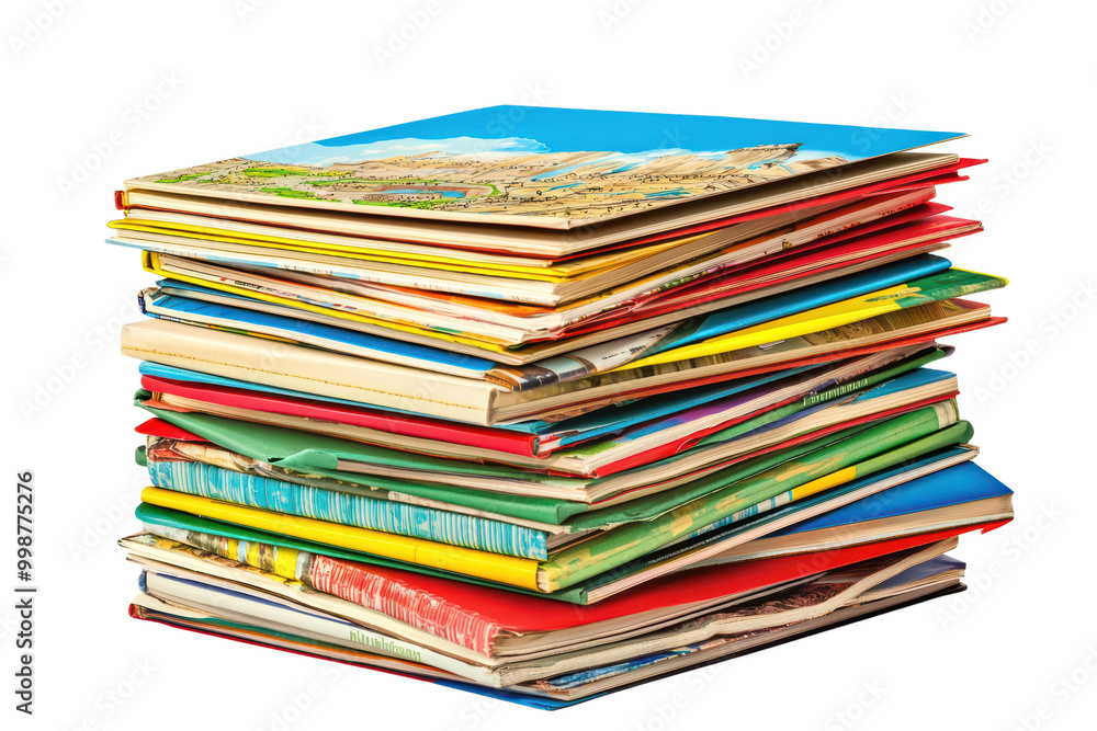 Poster stack of colorful books isolated on transparent background.