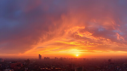 A Vibrant Cityscape Bathed in the Warm Glow of a Setting Sun, with a Sky Filled with Vivid Orange and Purple Hues