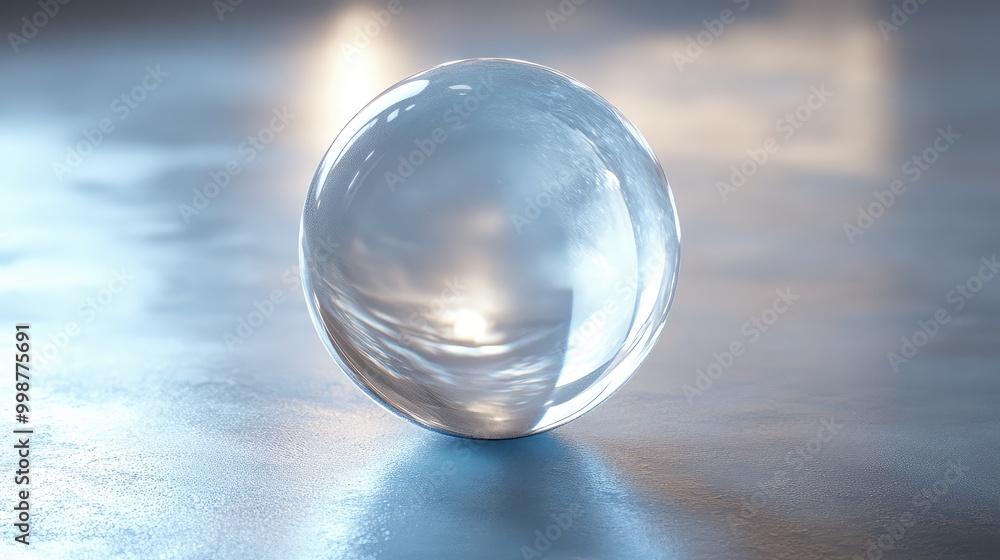 Poster A translucent crystal ball, placed on a smooth surface, with light passing through and creating subtle reflections and refractions