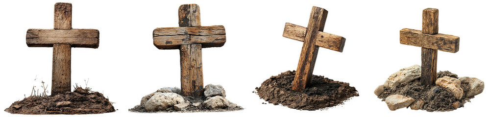Wooden crosses standing on dirt and stones representing mortality transparent background