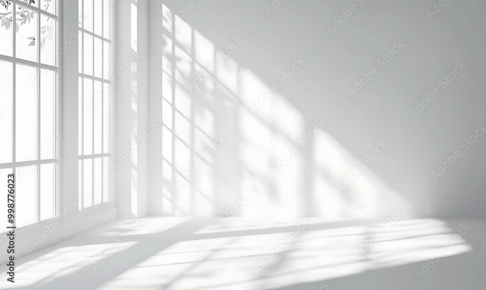 Poster minimalistic abstract light blue background with shadow and light from windows, product presentation