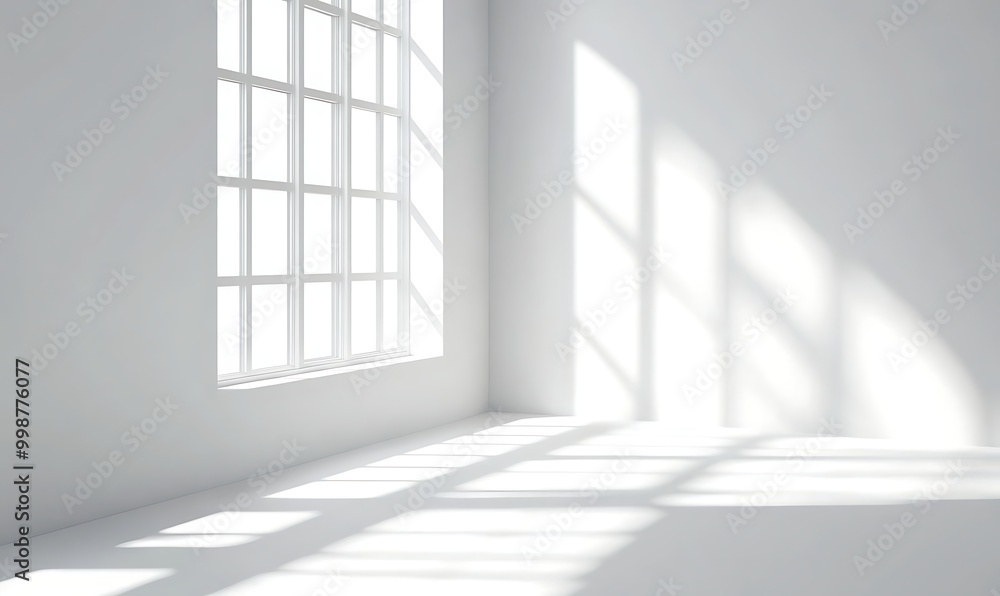 Poster minimalistic abstract light blue background with shadow and light from windows, product presentation