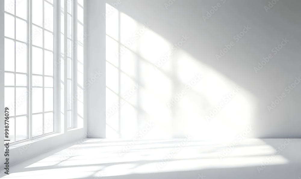 Poster minimalistic abstract light blue background with shadow and light from windows, product presentation