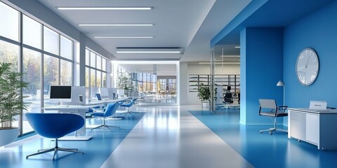 Modern minimalist white and blue color on open space room office interior design.