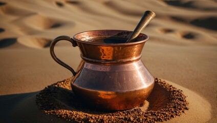Traditional earthenware pot on sandy ground evoking ancient culture