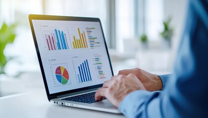Professional analysis with graphs and charts on a laptop, showcasing modern data-driven decision making.