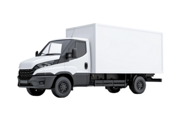 White delivery truck with empty cargo space isolated on transparent background.