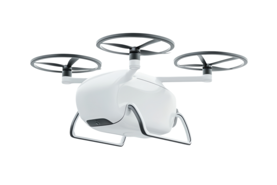 White drone with four propellers isolated on transparent background.