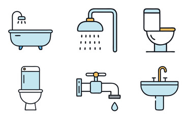 Blue plumbing icon set featuring sink, shower, bathtub, toilet, drainage, and water faucet