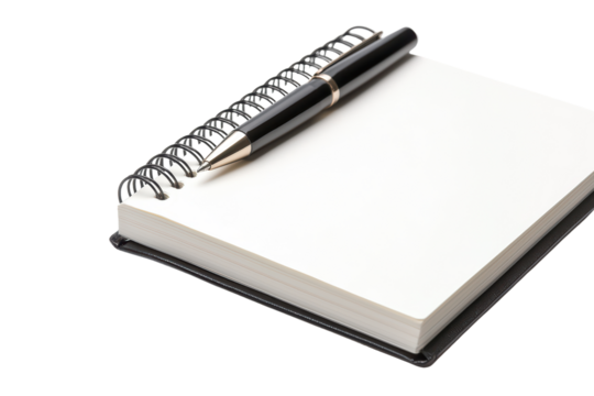 Notepad and pen isolated on transparent background.