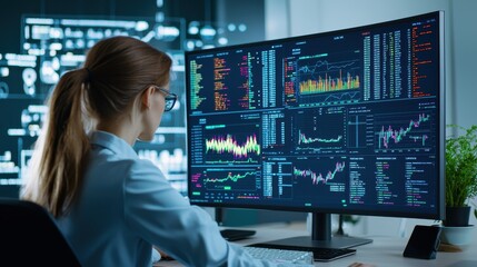 Professional woman analyzing financial data on multiple computer screens in a modern workspace.