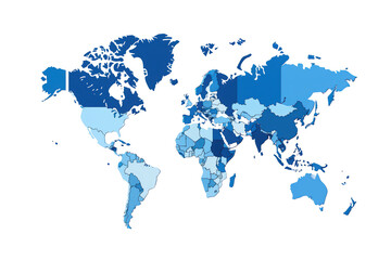 Naklejka premium World map illustration in varying shades of blue isolated on transparent background.