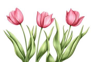 Fototapeta premium Pink tulips with green leaves isolated on transparent background.