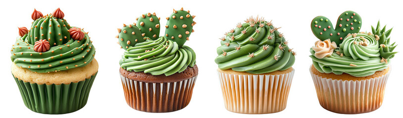 Colorful cactus themed cupcakes decorated with sweets and transparent background © Loony Dream Designs
