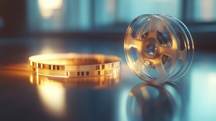 A translucent film reel, lying on a table, with light softly passing through its surface