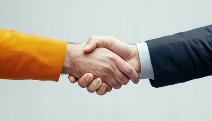 Two business professionals shaking hands in a gesture of agreement and partnership, neutral backdrop.