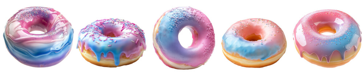 Colorful glazed donuts with sprinkles showcasing sweet dessert indulgence transparent background