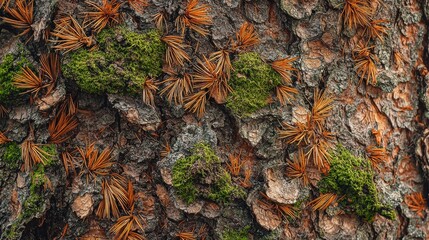 A close-up texture of rough tree bark adorned with patches of green moss and scattered golden-brown fallen pine needles. The contrasting textures evoke an earthy, autumnal feel