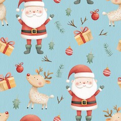 Seamless pattern with christmas and ortamentscute watercolour Santa and raindeers