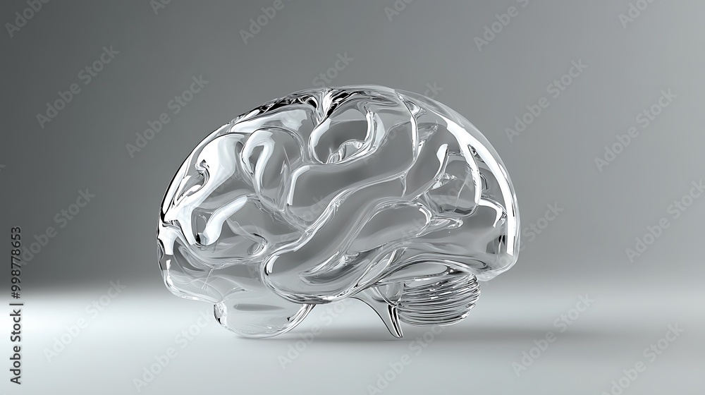 Poster a 3d rendering of a transparent glass brain model on a white background.