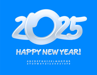 Vector artistic Greeting Card Happy New Year 2025! Icy White Font. Handwritten set of Alphabet Letters and Numbers.