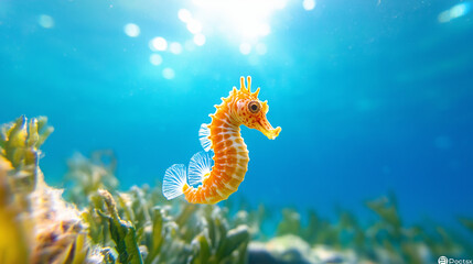 macro view of a seahorse among seagrass