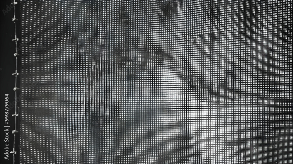 Poster a close-up view of a black and white grid pattern, showing a detailed and abstract design with inter