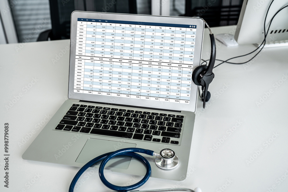 Poster accounting software on computer screen showing financial statement spreadsheets and account balance 