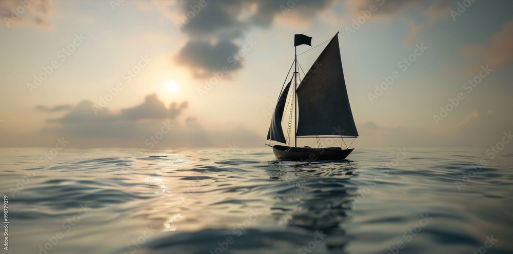 Poster a sailboat is floating on the water with a black flag on top