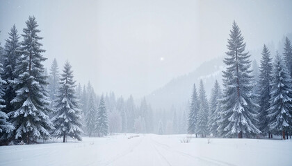 Fototapeta premium Tranquil snowy landscape with pine trees and a misty road under a soft winter light