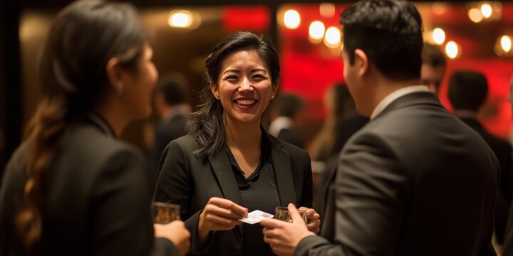 Professional Networking at a Corporate Event a diverse group of professionals engaging in conversations and exchanging business cards at a corporate networking event