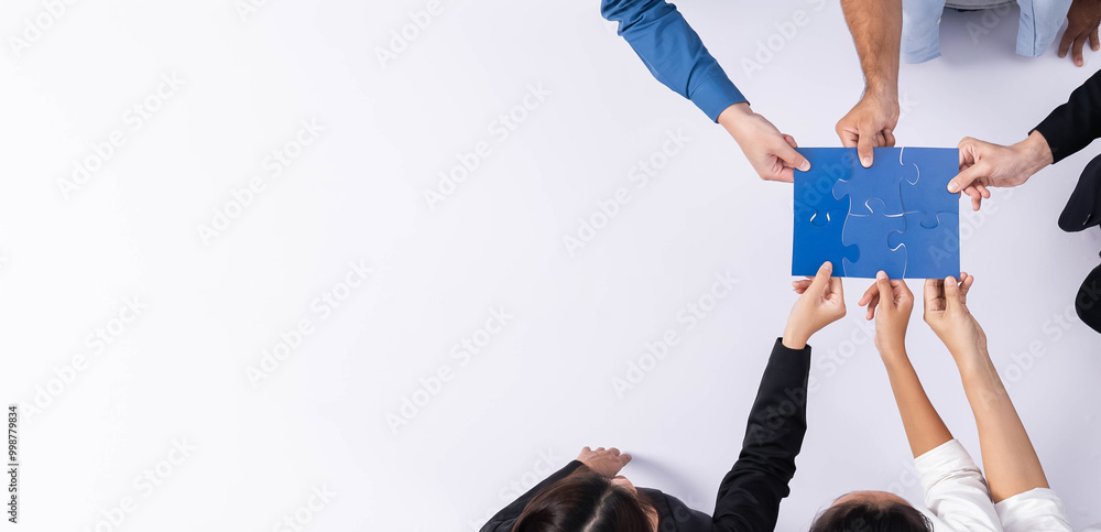 Leinwandbilder Top view panorama banner of business team joining jigsaw puzzle together over meeting table symbolize business partnership and collective unity teamwork in problem solving solution. Prudent