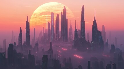 Fototapeta premium A futuristic city skyline at sunset. Modern business office skyscrapers
