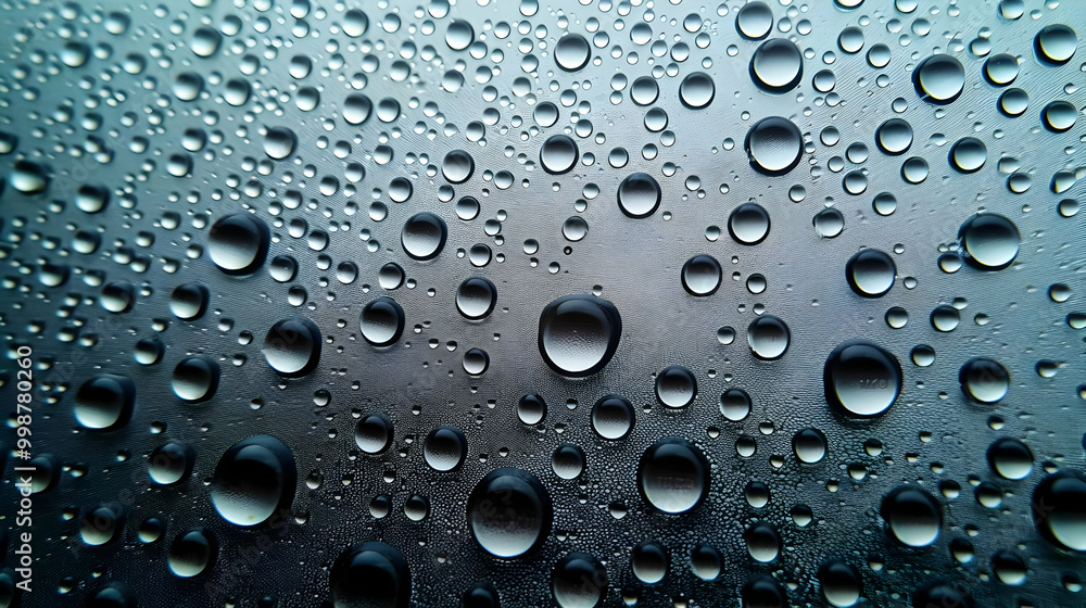 Poster a close-up macro photograph of water droplets on a smooth surface, creating an abstract pattern of c