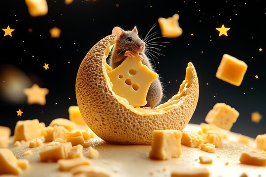 Create a magical scene of a mouse sitting on a cheese-shaped moon, nibbling on it while surrounded by floating cheese pieces and stars in space.